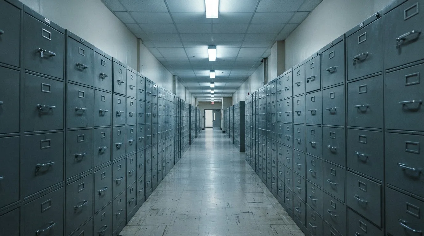 Un șir de dulapuri metalice încuiate pe un coridor lung, luminat de neoane palide — joacă blackjack în românia