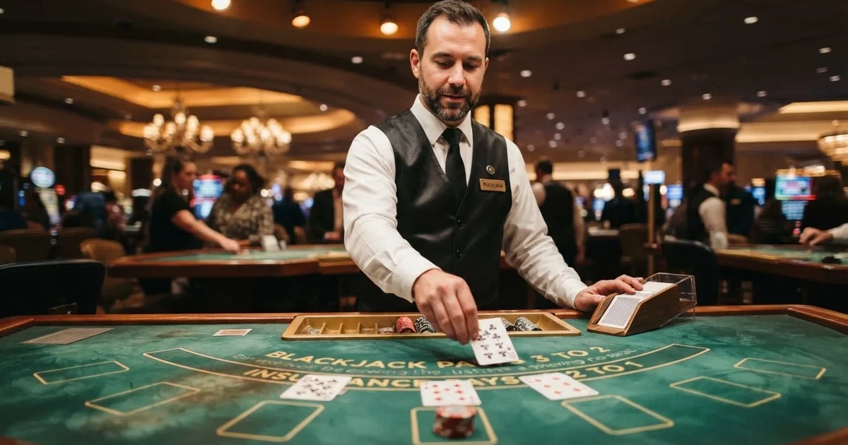 Un crupier în vestă neagră împarte cărți la o masă de blackjack, sub spoturi calde — jocuri de blackjack în românia