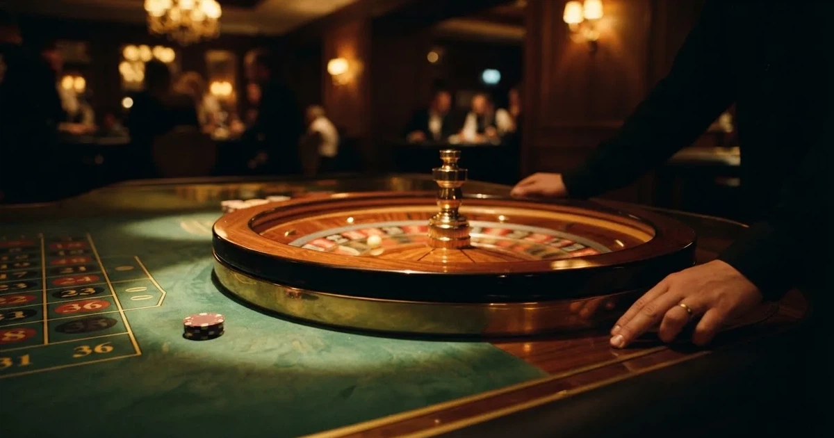 Un crupier în vestă neagră împarte cărți la o masă de blackjack, sub spoturi calde — jocuri de ruletă în română