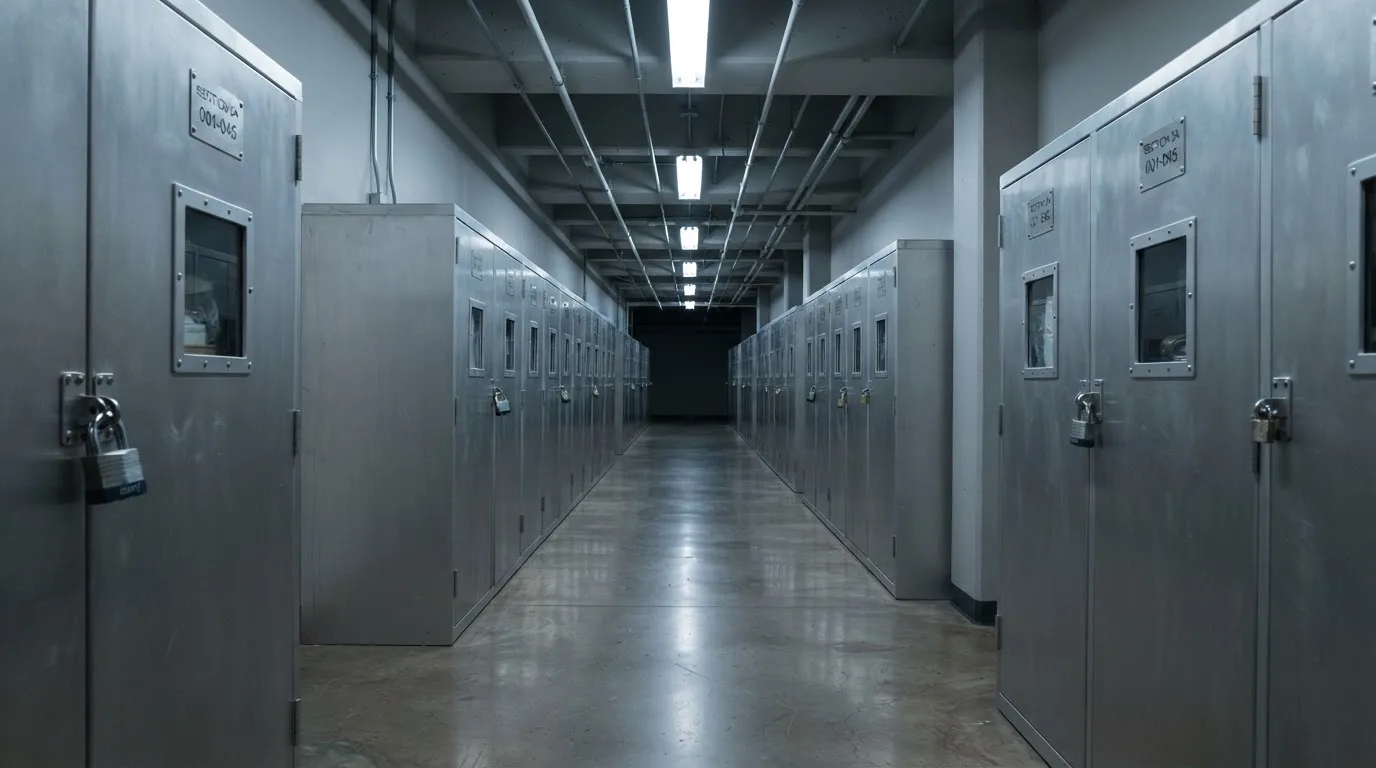 Un șir de dulapuri metalice încuiate pe un coridor lung, luminat de neoane palide — jocuri de sloturi în românia