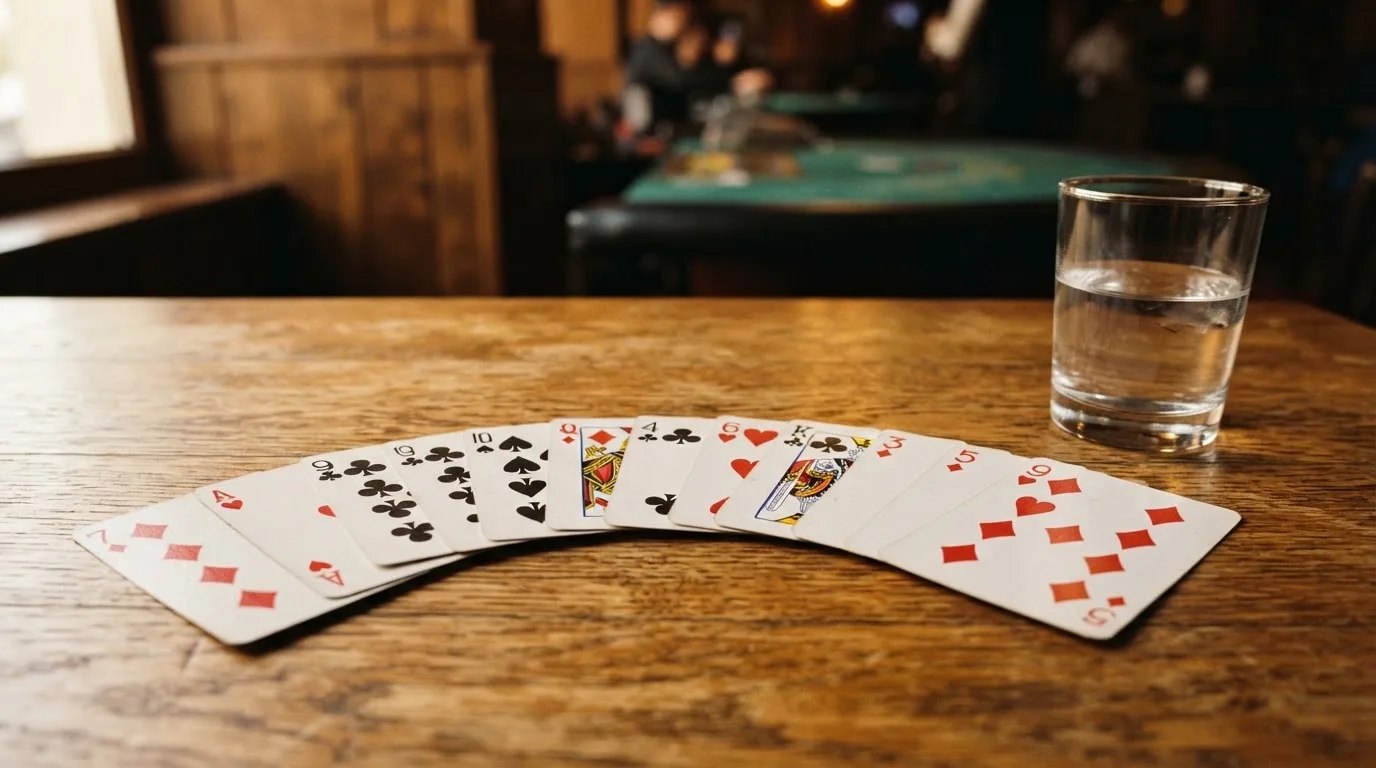 Un pachet de cărți de joc desfăcut evantai pe o masă de stejar, lângă un pahar cu apă — live blackjack în românia