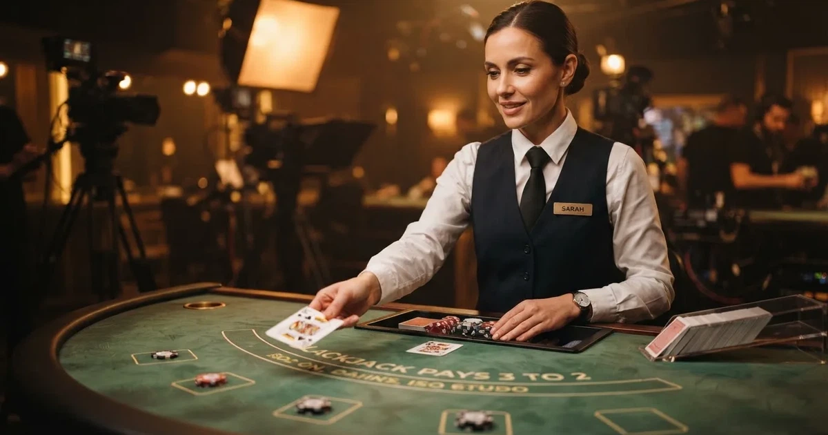 Dealer în uniformă elegantă împarte cărți de blackjack pe o masă cu postav verde într-un studio luminat cald, cu camere de filmat în fundal.