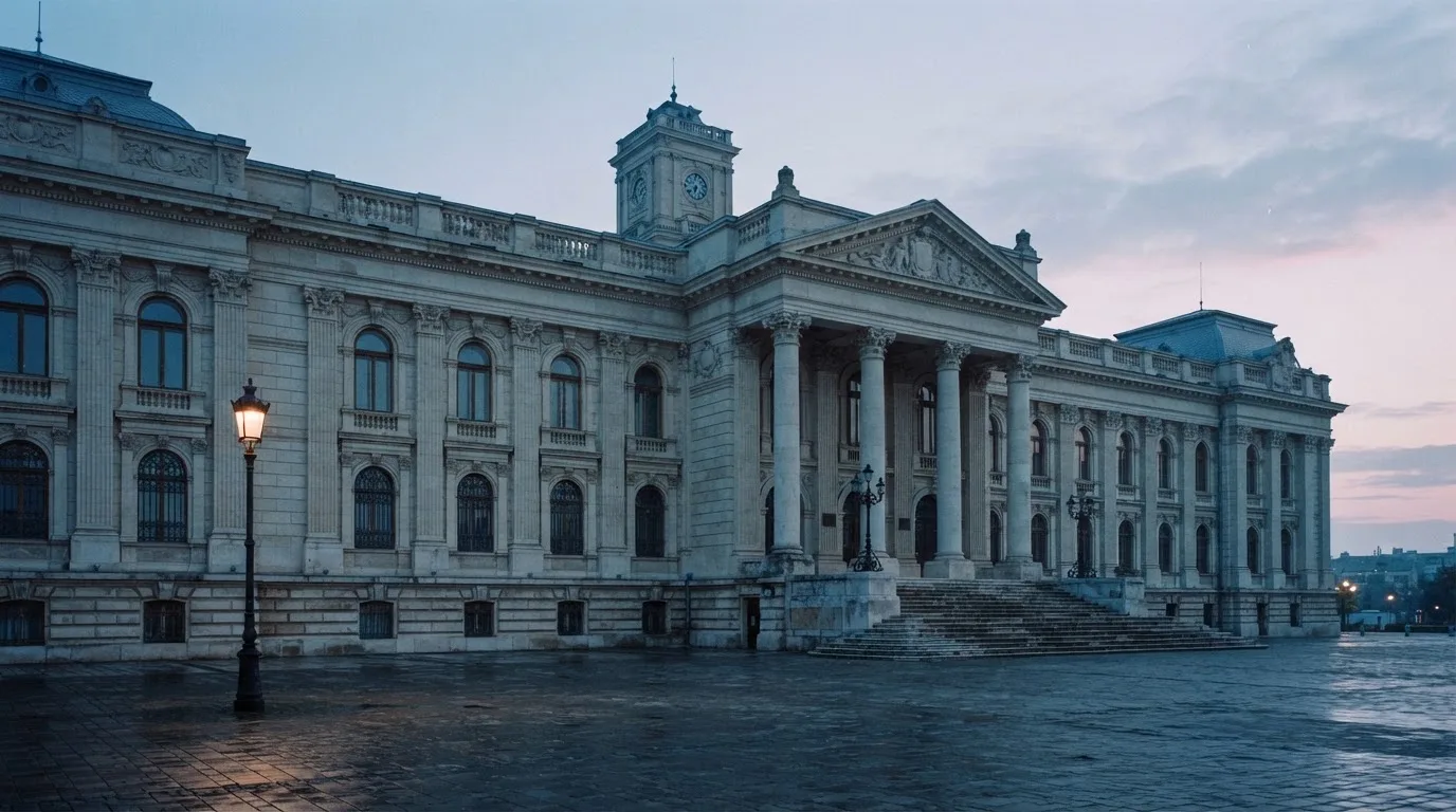 Fațada de piatră a unei clădiri guvernamentale din București, în lumina rece a zorilor — live ruletă în romania