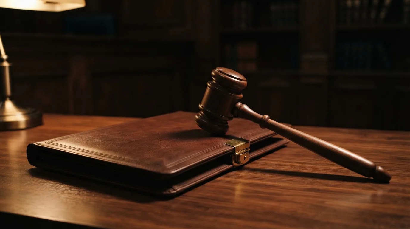 Un ciocan de judecător lângă un dosar de piele închis, pe o masă de nuc lustruit — oferte de cazinouri din românia