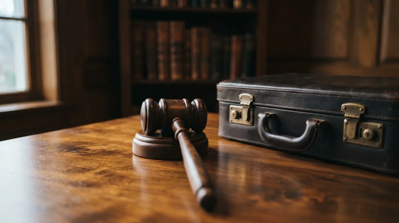 Un ciocan de judecător lângă un dosar de piele închis, pe o masă de nuc lustruit — păcănele cu mod demo în românia