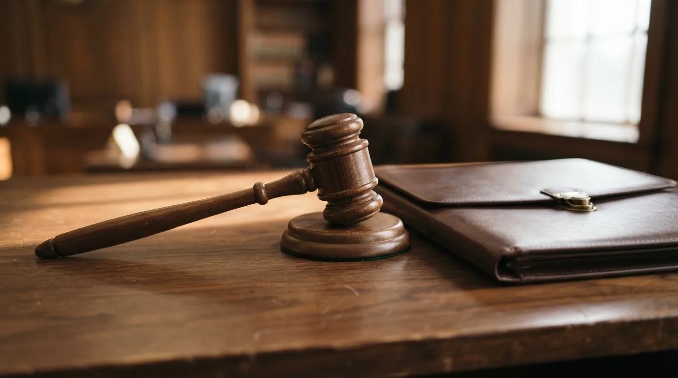Un ciocan de judecător lângă un dosar de piele închis, pe o masă de nuc lustruit — păcănele fără depunere în românia
