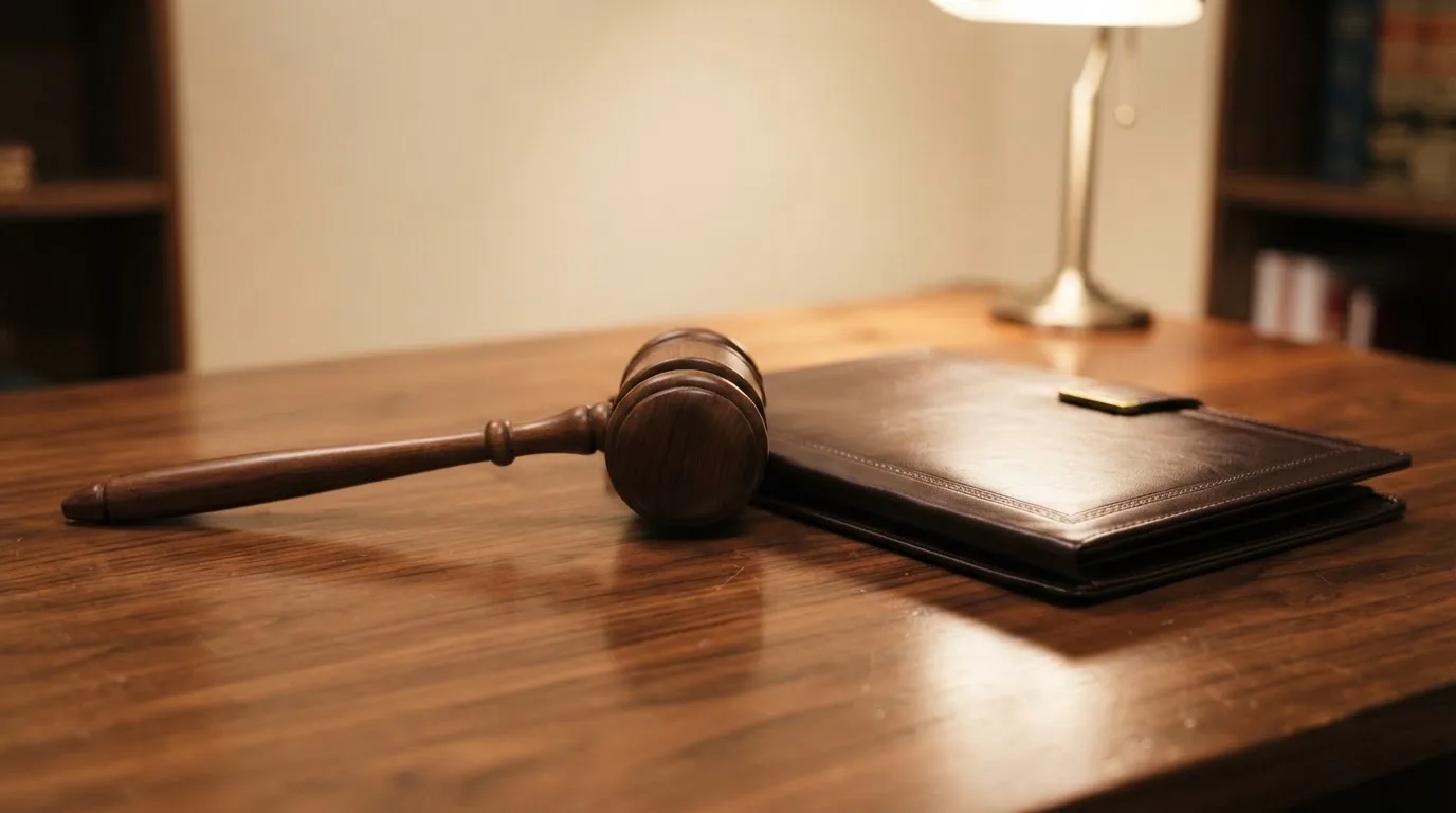 Un ciocan de judecător lângă un dosar de piele închis, pe o masă de nuc lustruit — păcănele pe bani în românia