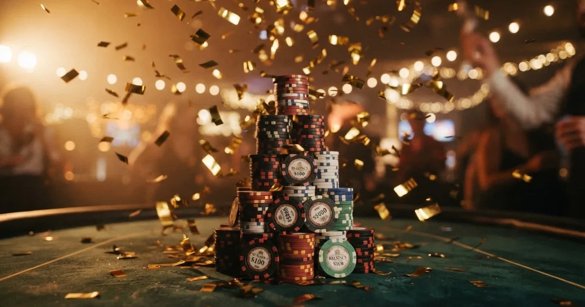 Confetti auriu căzând peste un morman de fișe de cazino, în lumini de petrecere — promoții de cazinou în românia