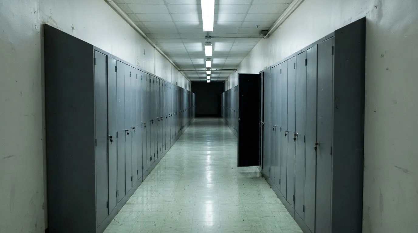 Un șir de dulapuri metalice încuiate pe un coridor lung, luminat de neoane palide — promoții de cazinou în românia