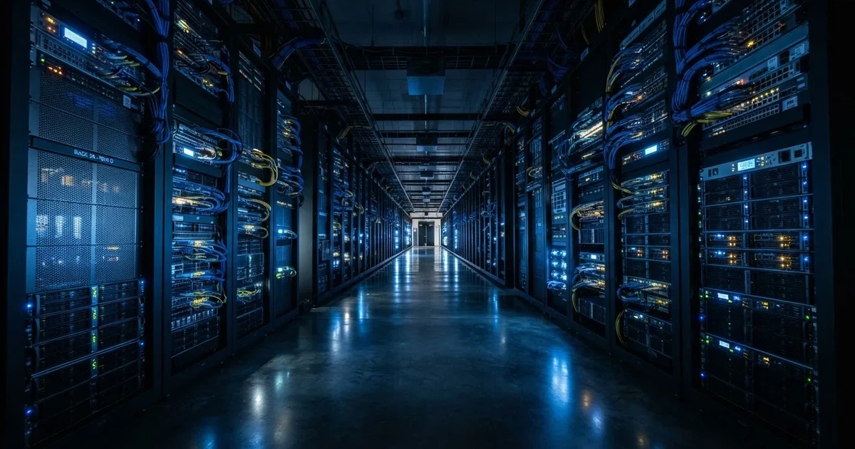 Rafturi de servere într-o cameră întunecată, cu lumini albastre difuze și ventilatoare — ripple cazinou în romania