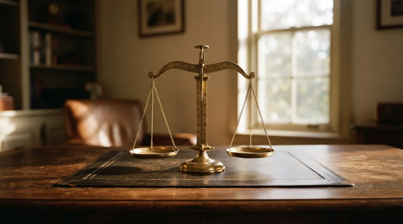 O balanță de alamă pe un birou de lemn, în lumina piezișă a unei ferestre înalte — ruletă cu bonus în românia