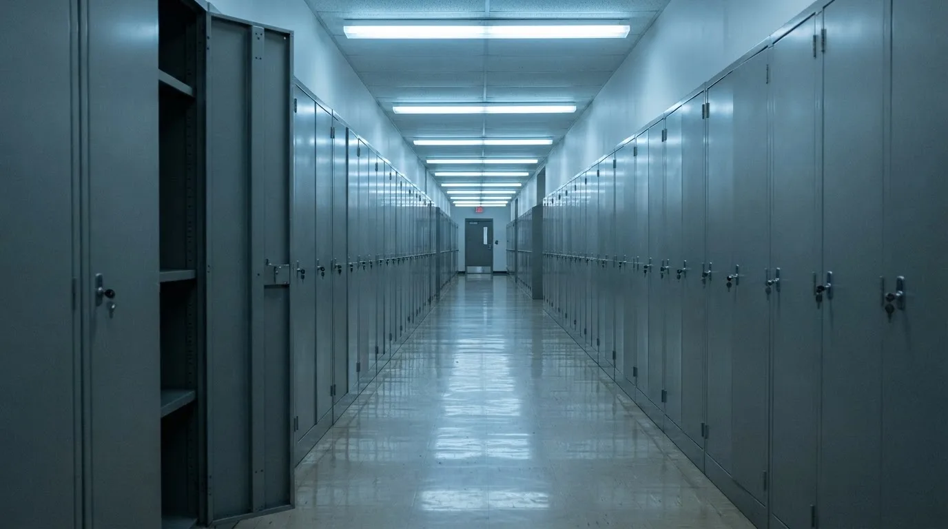 Un șir de dulapuri metalice încuiate pe un coridor lung, luminat de neoane palide — ruletă cu mod demo în românia