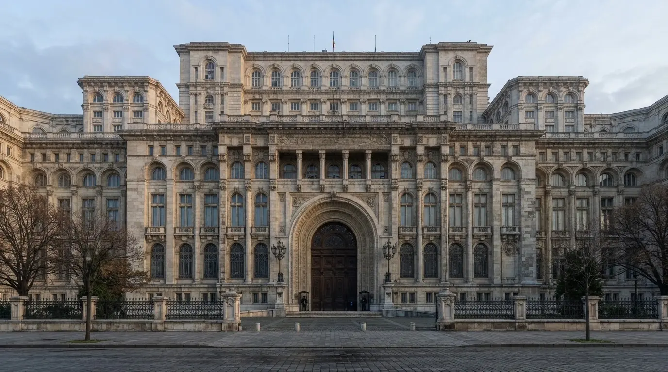 Fațada de piatră a unei clădiri guvernamentale din București, în lumina rece a zorilor — ruletă europeana în românia