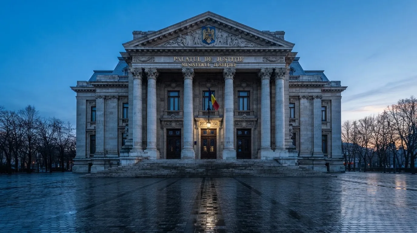 Fațada de piatră a unei clădiri guvernamentale din București, în lumina rece a zorilor — ruletă strategii pentru români