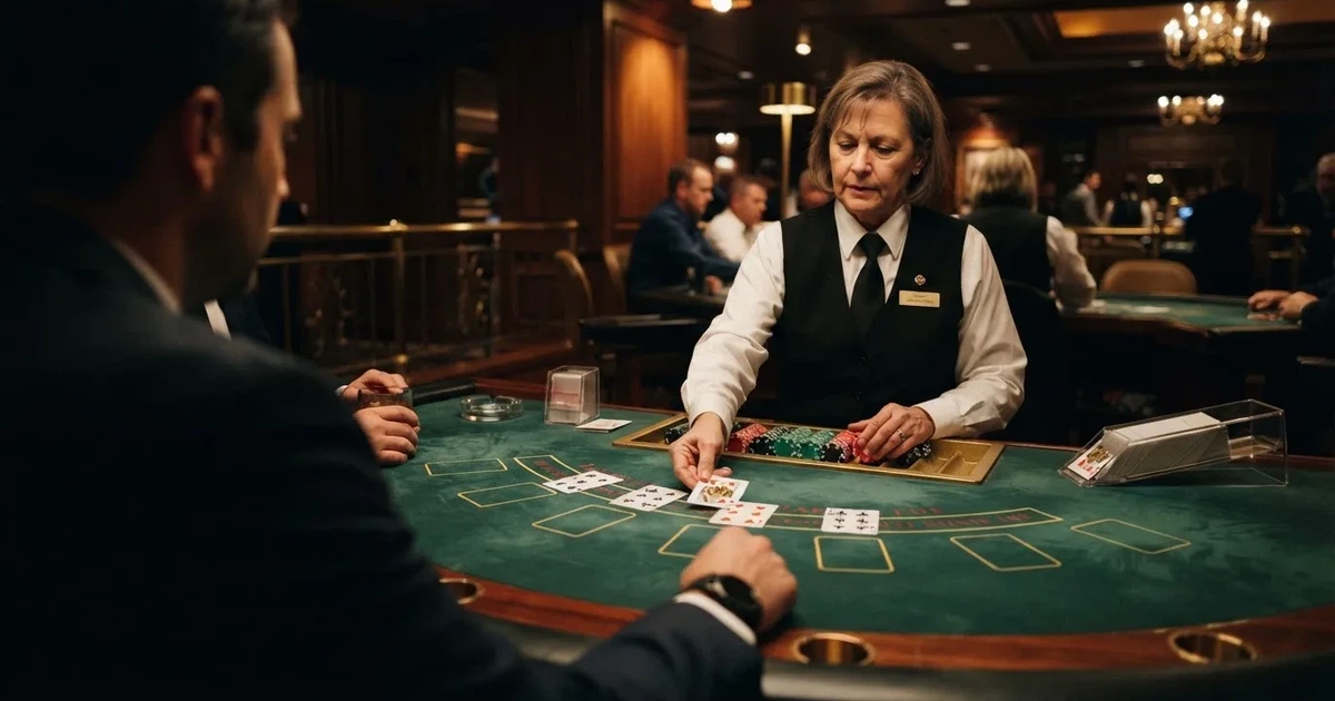 Un crupier în vestă neagră împarte cărți la o masă de blackjack, sub spoturi calde — site-uri de păcănele în românia