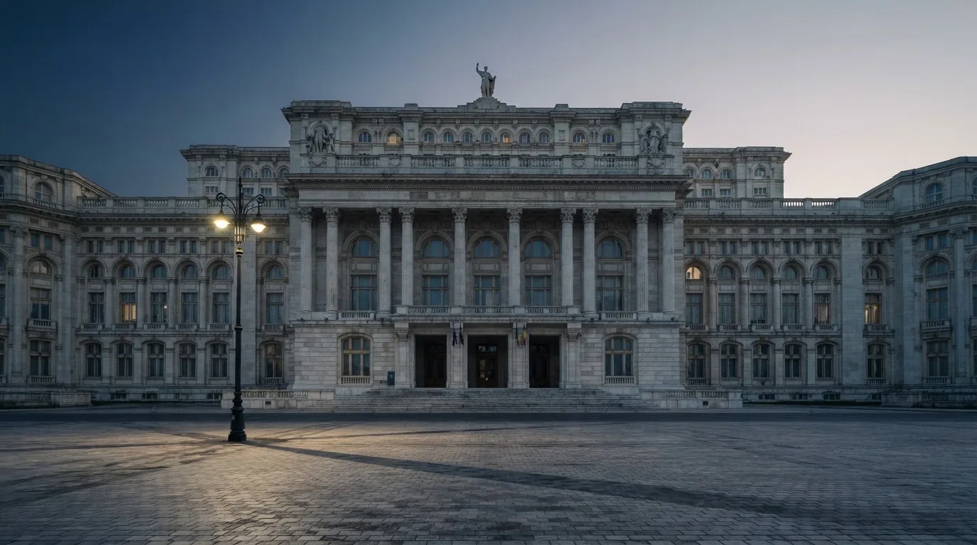 Fațada de piatră a unei clădiri guvernamentale din București, în lumina rece a zorilor — site-uri de păcănele în românia