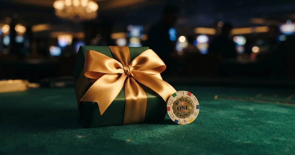 O cutie de cadou legată cu fundă aurie, așezată lângă fișe de cazino pe postav verde — sloturi cu bonus în românia