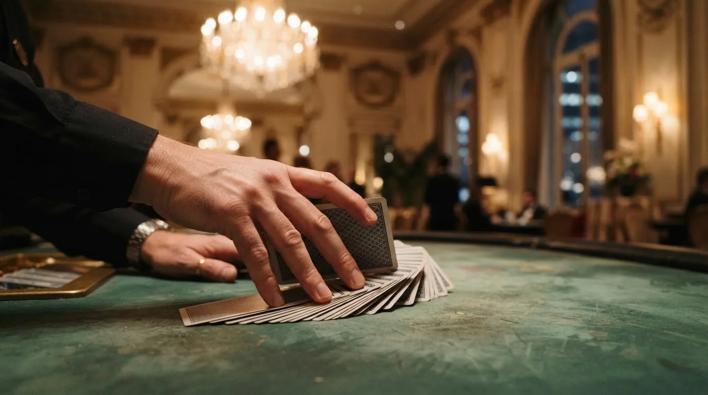 Mâinile unui crupier amestecă cărțile sub candelabrele unui cazinou elegant — sloturi online în românia