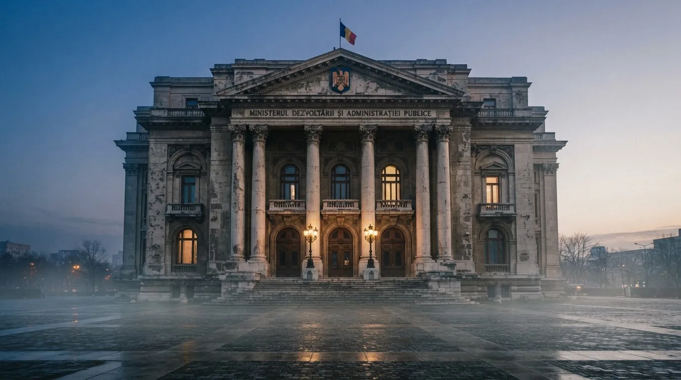 Fațada de piatră a unei clădiri guvernamentale din București, în lumina rece a zorilor — sloturi online în românia