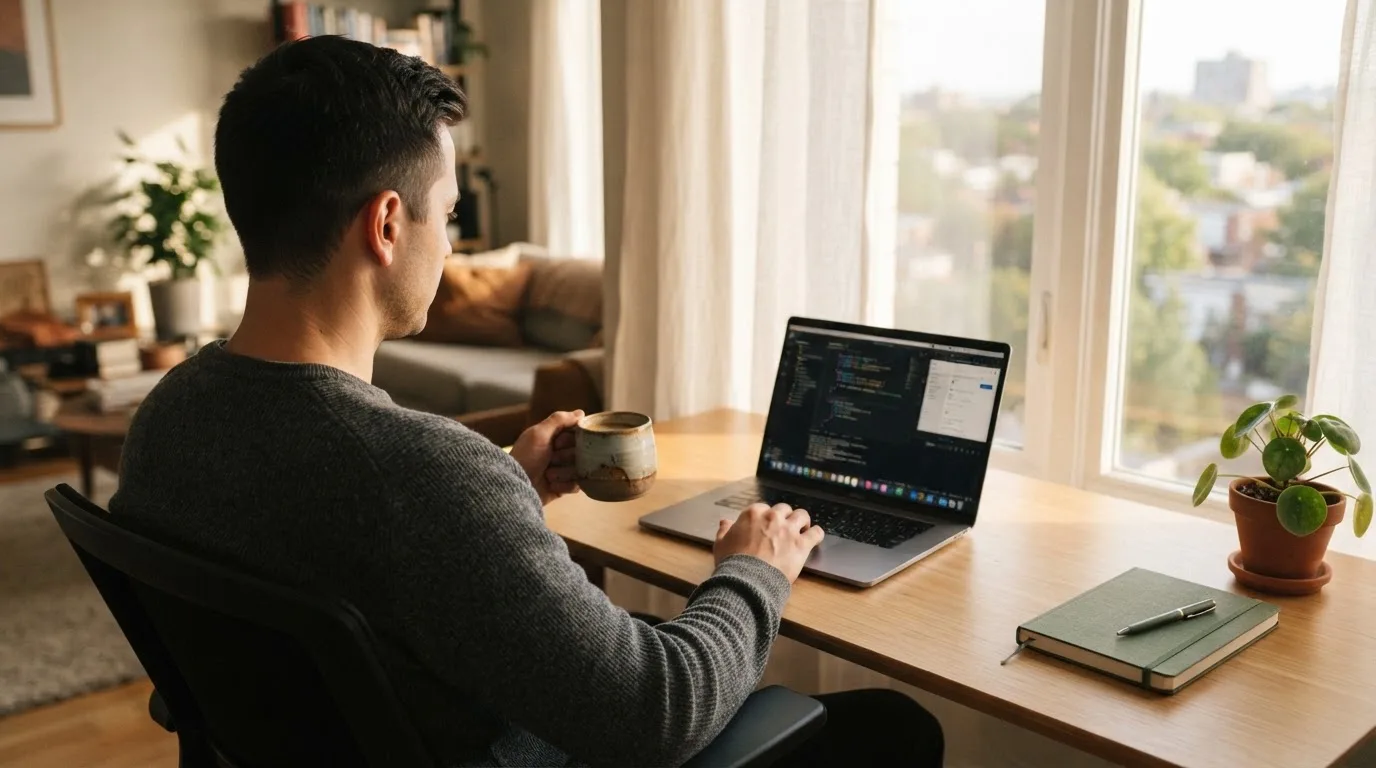 Bărbat cu o cană în mână stă la un laptop deschis la fereastră, într-un apartament modern cu lumină blândă.